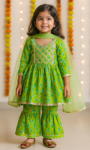 Ethnic Pear Green Sharara Set With Shawl
