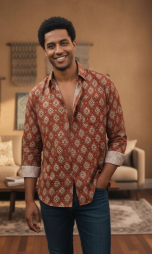 Unique Rust Colour Pure Cotton Hand Block Printed Shirt