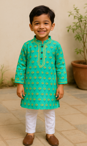 Boys Pure Cotton Green Kurta Set