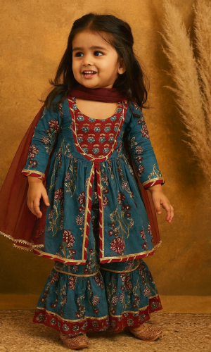 Stylish Front Cut Kurta Sharara with Shawl Set for Kids