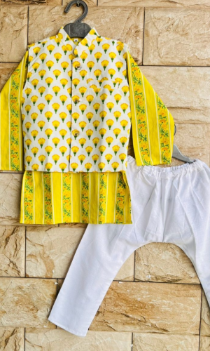 Sunshine Yellow n White Kurta PajamaMatching Girl Set too Available if Needed