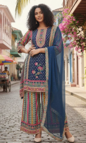 Elegant Pure Crepe Palazzo Suit With Chiffon Shawl