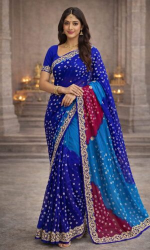 Classic Flower Bandhani Georgette Saree With Ornate Borders