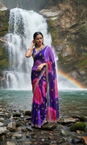 Festive Flower Bandhani Print Saree With Sequence Detail
