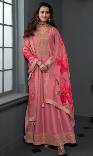 Soft Pink Suit With Floral Shawl