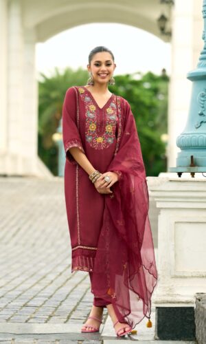 Embroidered Mull Chanderi Suit With Organza Cut-Work Shawl