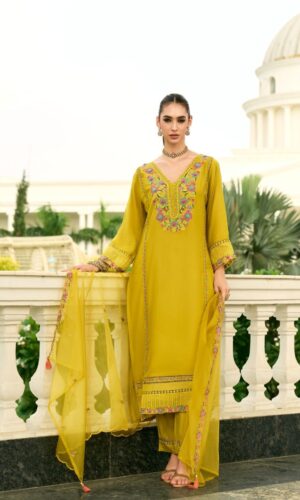 Sunshine Chanderi Ethnic Set With Intricate Cut-Work Shawl