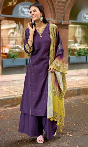 Viscose Hand-Worked Kurti Set With Printed Chanderi Shawl