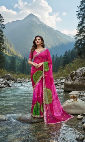 Jodhpur Bandhani Saree With Sequence Butti Work & Raw Silk Pair