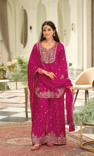 Heavy Pink Chinon Silk Embroidered Palazzo Set