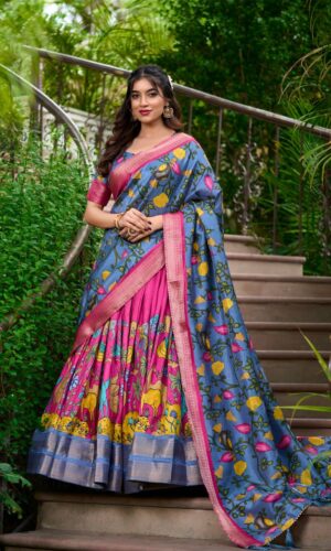 Kalamkari Print Dola Silk Lehenga With Zari Weaving Border