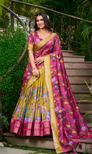 Kalamkari Zari Bordered Silk Ensemble With Tasseled Shawl