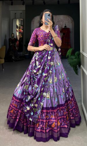 Fusion Tussar Silk Lehenga With Pichwai & Patola Art