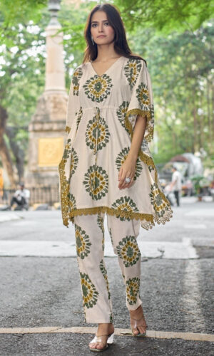 Premium Cotton Flex Print Kurta Set With Artisanal Handwork