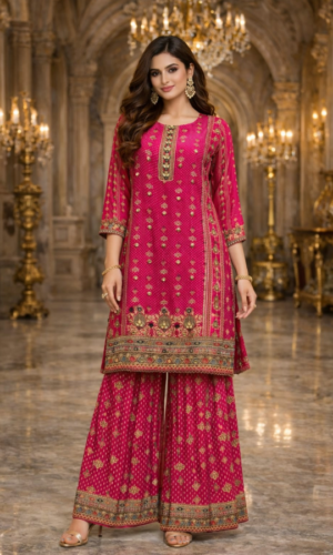 Elite Pure Crepe Three-Piece Suit Set ( Kurta with Sharara and Shawl)