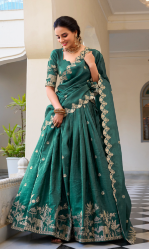 FULLY STITCHED
Bottle Green Silk Wedding Lehenga With Antique Gold Embroidery