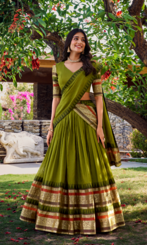 FULLY STITCHED
Regal Chanderi Silk Lehenga In Olive Green