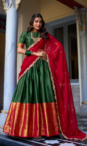 FULLY STITCHED
Emerald & Crimson Silk Lehenga With Zari Elephant Border & Wavy Shawl
