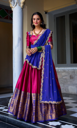 FULLY STITCHED
Royal Rani Pink Silk Lehenga With Contrast Blue Shawl