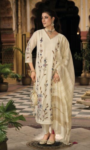 Pure Pearl Mul Chanderi Suit With Artisan Kantha Work