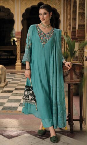 Teal Three Piece Pure Muslin & Chanderi Set