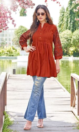 Sophisticated Rayon Slub Threadwork Statement Top