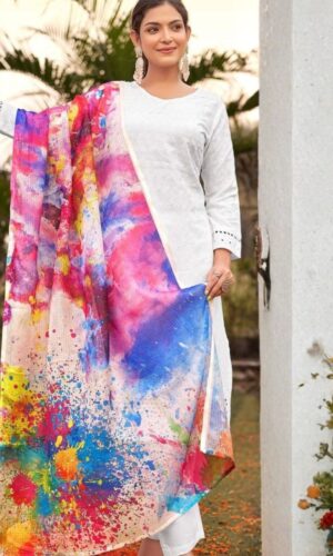 Straight Chikankari Set With Shawl