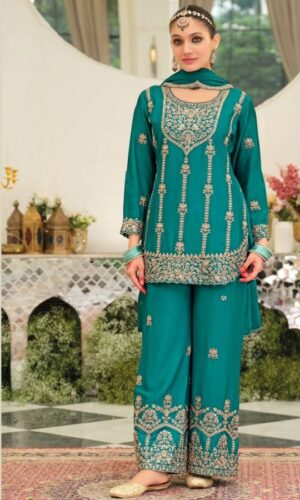 Intricately Embroidered Top & Palazzo With Matching Shawl