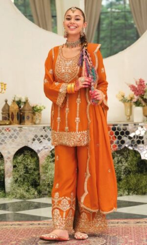 Triple-Embroidered Chinon Suit Set With Statement Shawl