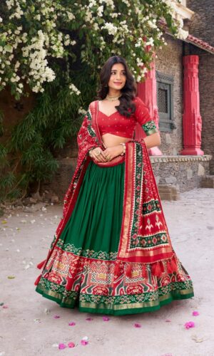 FULLY STITCHED
Ethnic Green & Red Lehenga With Tassels & Patola Print