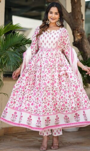 Heritage Hand-Block Printed Pure Cotton Anarkali With Hand-Embellishments