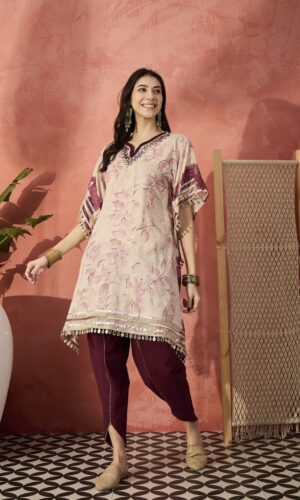 Regal Mirror Work Kaftan Ensemble In Breathable Mul Cotton