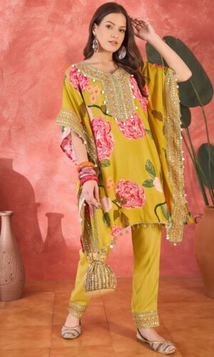 Digital Bloom Pure Muslin Kaftan With Intricate Handwork