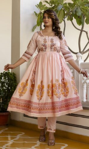 Peach Floral Anarkali Set With Hand-Detailed Embroidery