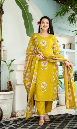 Mustard Hand-Detailed Mustard Floral Ensemble in Pure Cotton