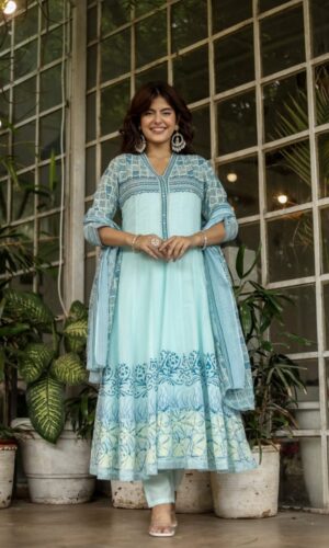 Soft Sky Blue Mul Cotton Ensemble With Artisanal Beadwork