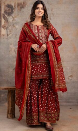 Hand-Embellished Maroon Cotton Sharara Set With Artisan Block Prints