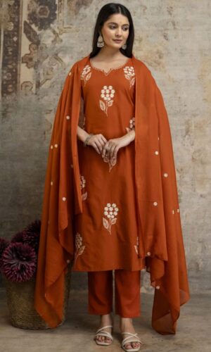 Artisanal Rust Cotton Ensemble With Detailed Hand-Embroidery