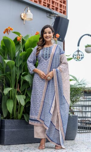 Luxe Dobby Cotton Suit With Intricate Pearl-Work & Scalloped Lace