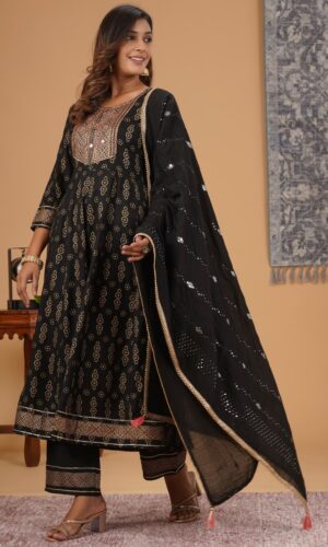 Premium Rayon Festive Flared Suit featuring Gold Foil Prints