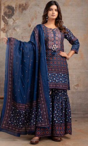 Blue Bloom Hand-Block Printed Pure Cotton Sharara Set