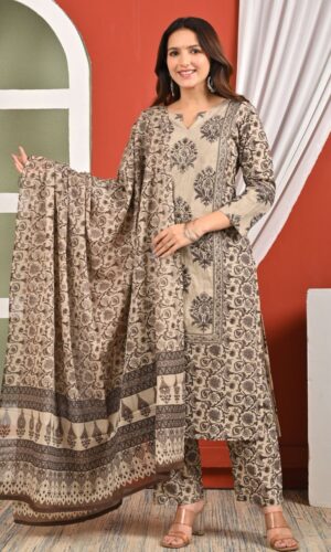 Hand-Embroidered Block Print Pure Cotton Ensemble