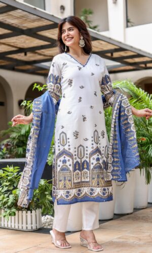 White Embossed Mul Cotton Ensemble With Hand-Threaded Artistry(Close - Fit)