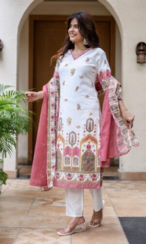 White Hand-Detailed Embossed Mul Cotton Straight Set