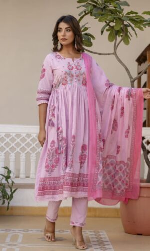 Lavender-Pink Pure Mul Cotton Anarkali Set