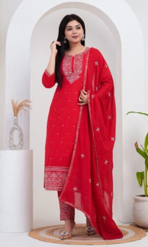Premium Heavy-Embroidered Red Cotton Set