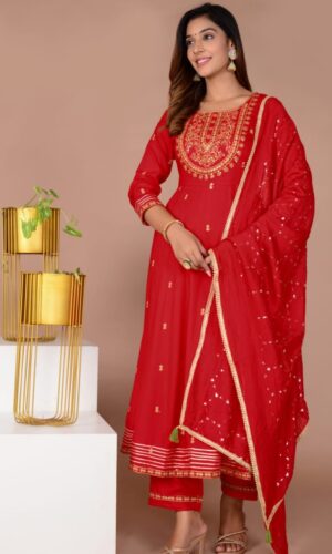Cherry Red Pure Georgette Anarkali With Embroidery