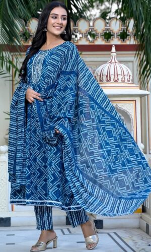 Blue Pure Cotton Hand-Work Anarkali Set