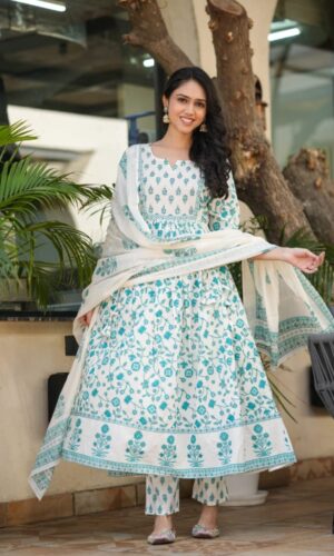 Regal Block-Printed Anarkali Suit With Hand-Embellished Accents