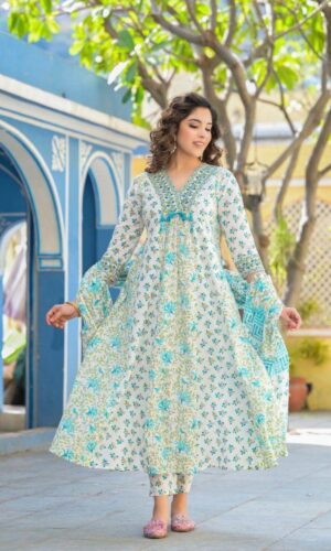 Classic Hand Embellished Cotton Anarkali Suit